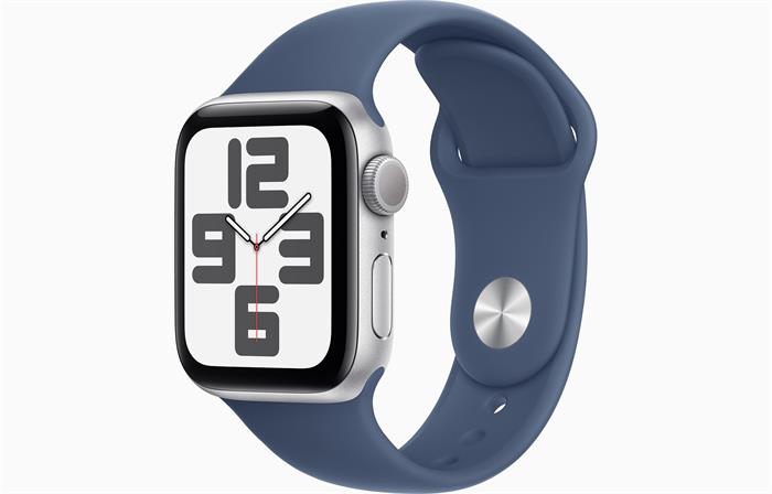 Apple Watch SE (2024) 40mm Stříbrný hliník s denimovým sportovním řemínkem M/L