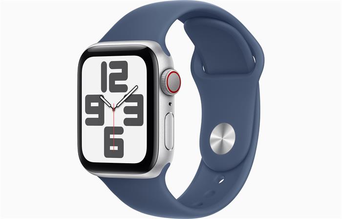 Apple Watch SE (2024) Cellular 40mm Stříbrný hliník s denimovým sportovním řemínkem S/M