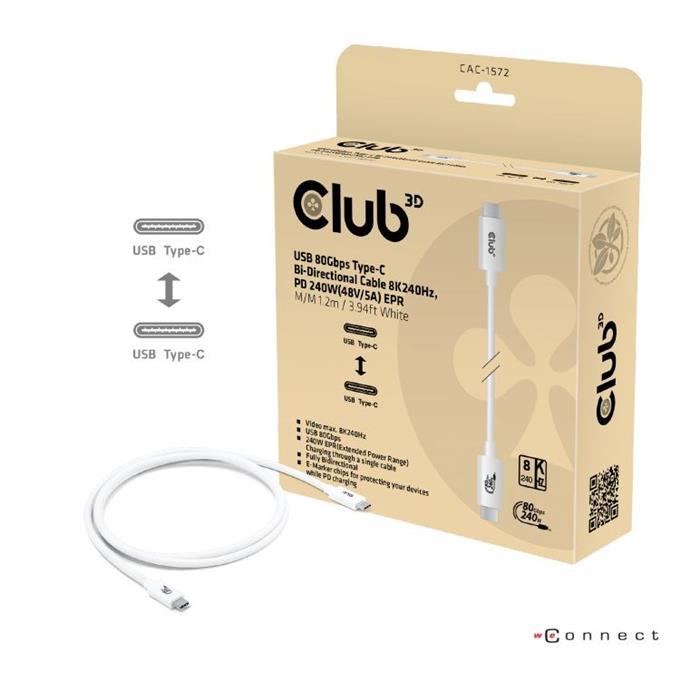 Club3D USB 4.1 kabel, 16k@60Hz, PD 240W, 1.2m, bílý