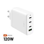 Síťová GaN nabíječka FIXED s 3xUSB-C a USB výstupem, podpora PD 3.0, 120W, bílá