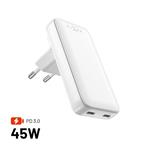 Síťová GaN nabíječka FIXED Slim Traveller s 2x USB-C výstupem s vyměnitelnými adaptéry, 45W, bílá