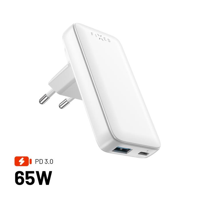 Síťová GaN nabíječka FIXED Slim Traveller s USB-C a USB výstupem s vyměnitelnými adaptéry, 65W, bílá