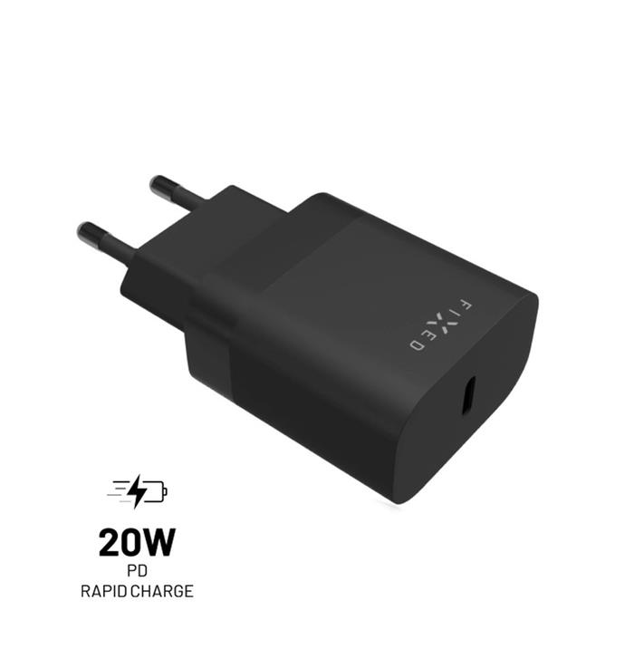 Síťová nabíječka FIXED s USB-C výstupem a podporou PD, 20W, černá