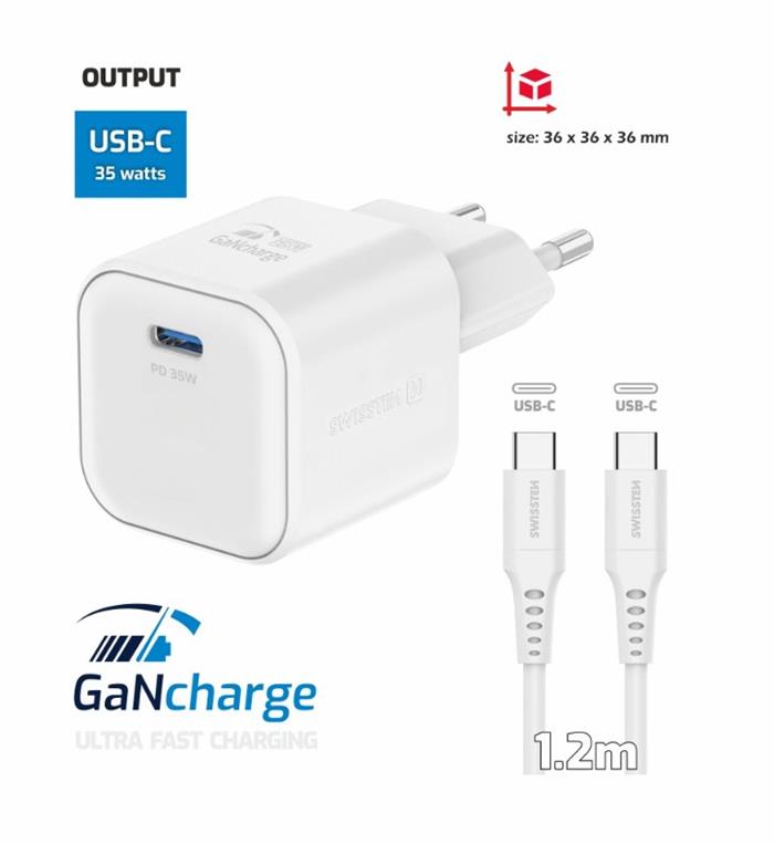 Swissten 35W GaN nabíječka, 1x USB-C, bílá + USB-C kabel 1.2m