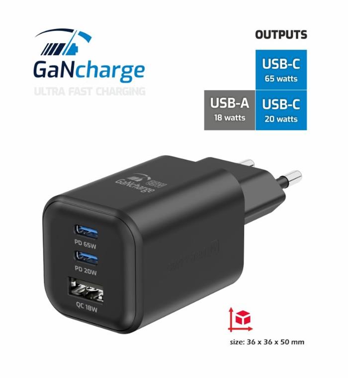 Swissten 65W GaN nabíječka, 2x USB-C, 1x USB, černá